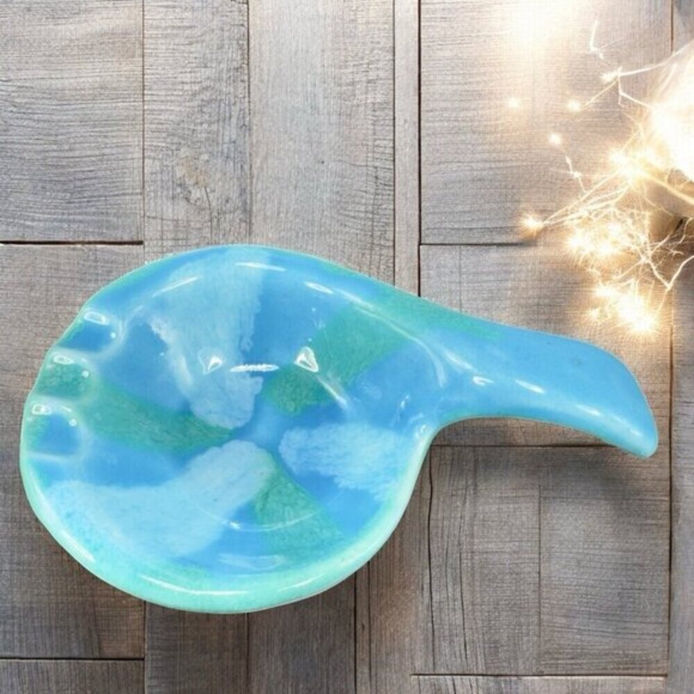 Vintage Dryden Pottery Ashtray Dish Blue Glazed Signed Spoon Shaped‎ Decor VTG
